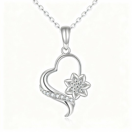 10Kホワイトゴールド ラウンドカット キュービックジルコニア サンフラワー＆ハート ペンダントネックレス