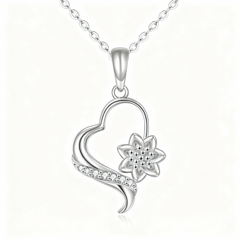 Colar com pendente de girassol e coração em ouro branco de 10 quilates com zircónias cúbicas de corte redondo.-14