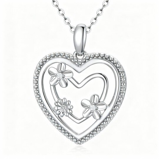 Colar com pendente de girassol e coração em ouro branco de 9K com zircónias cúbicas de corte redondo.