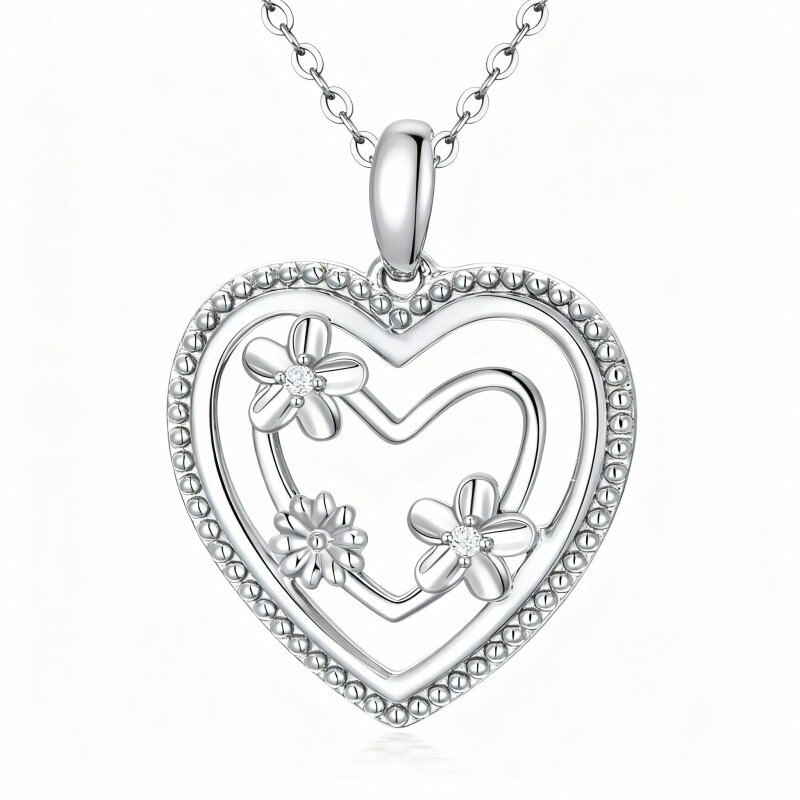 Colar com pendente de girassol e coração em ouro branco de 10 quilates com zircónias cúbicas de corte redondo.-18