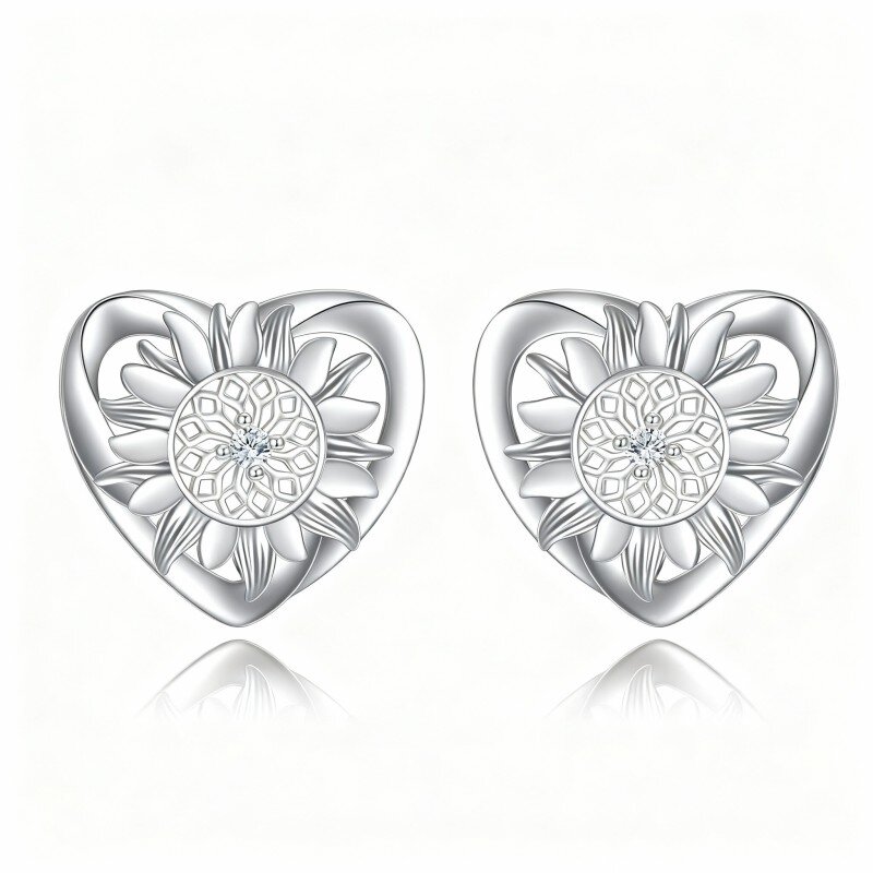10K White Gold Round Cut Cubic Zirconia Sunflower & Heart Stud Earrings-1