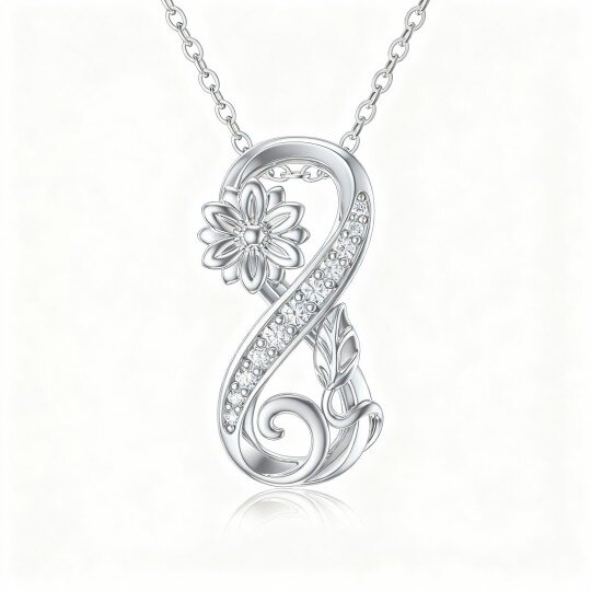 Colar com pendente girassol e símbolo do infinito em ouro branco de 10 quilates com zircónias cúbicas de corte redondo