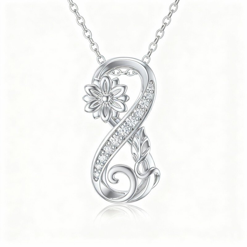 Colar com pendente girassol e símbolo do infinito em ouro branco de 10 quilates com zircónias cúbicas de corte redondo-2