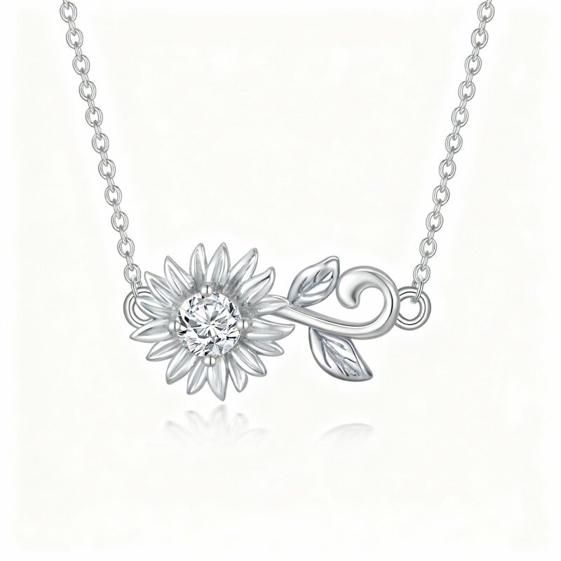 Colar com pendente girassol em ouro branco de 10 quilates com zircónia cúbica de corte redondo-16