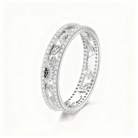 Anel em ouro branco 10K com zircónia cúbica de corte redondo em forma de girassol