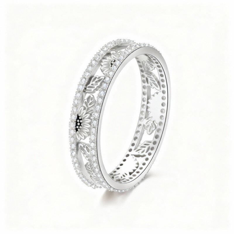 Anillo de girasol con circonita cúbica de talla redonda en oro blanco de 10 quilates-1