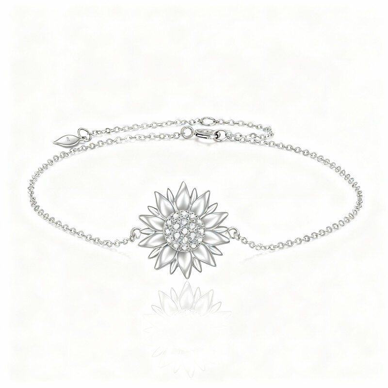10K White Gold Round Cut Cubic Zirconia Sunflower Single Layer Charm Anklet-9