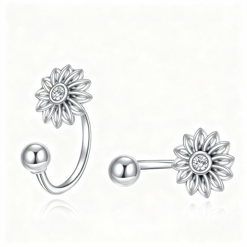 10K White Gold Round Cut Cubic Zirconia Sunflower Stud Earrings-4