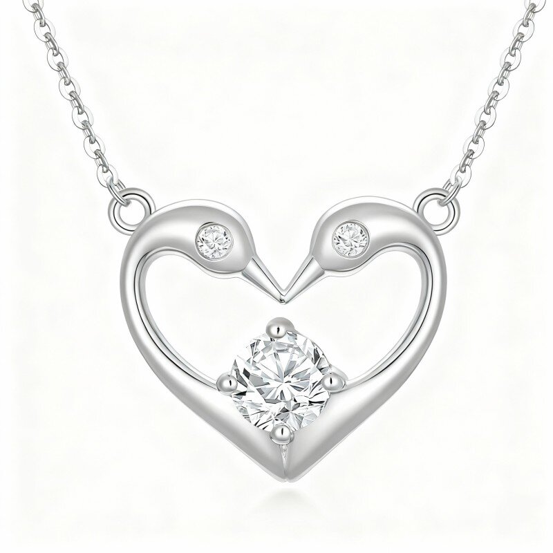 10K White Gold Round Cut Cubic Zirconia Swan & Heart Pendant Necklace-4