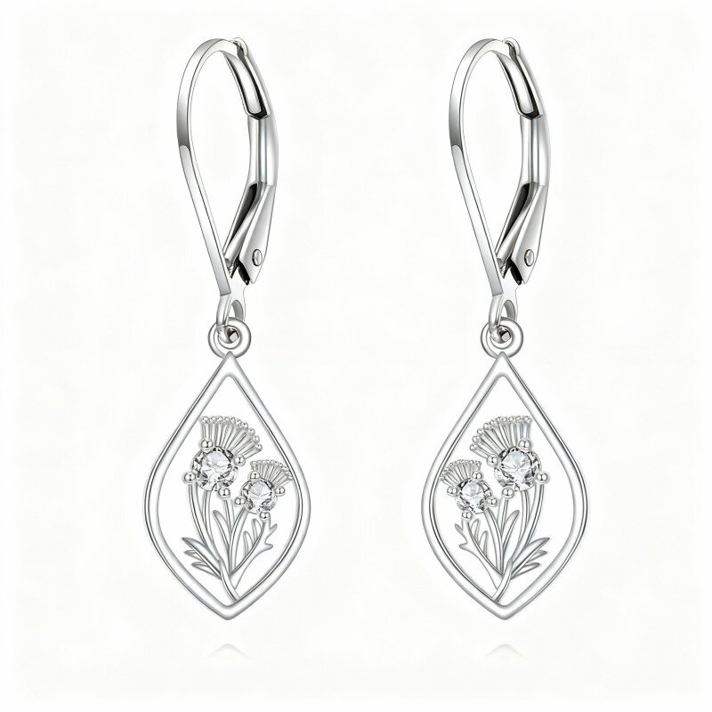 Brincos de cardo em ouro branco de 10 quilates com zircónia cúbica de corte redondo e fecho de alavanca.-11