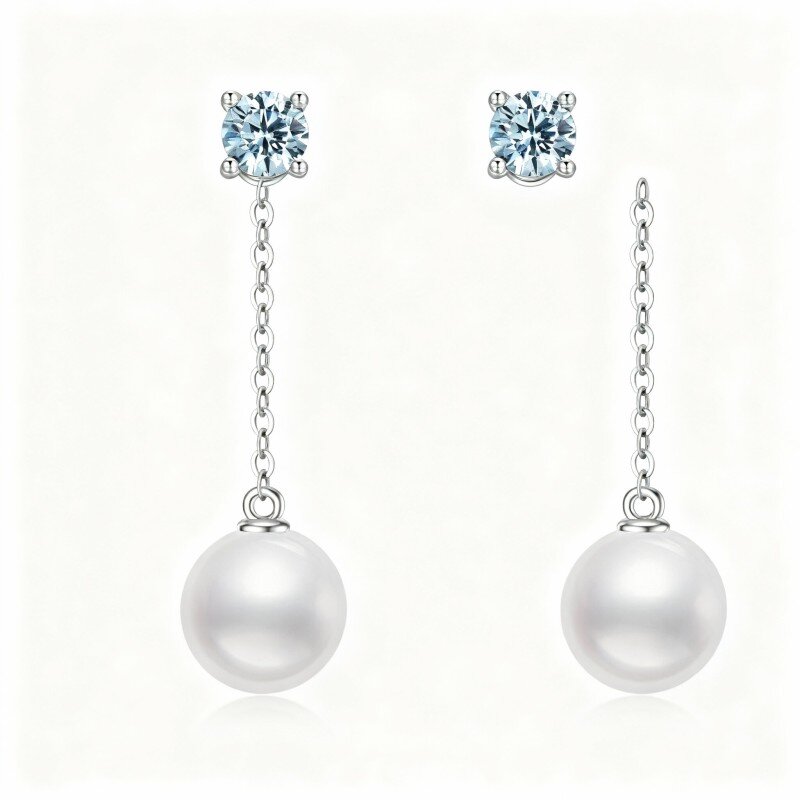 Boucles d'oreilles pendantes rondes en or blanc 10 carats, topaze taille ronde et perle-6