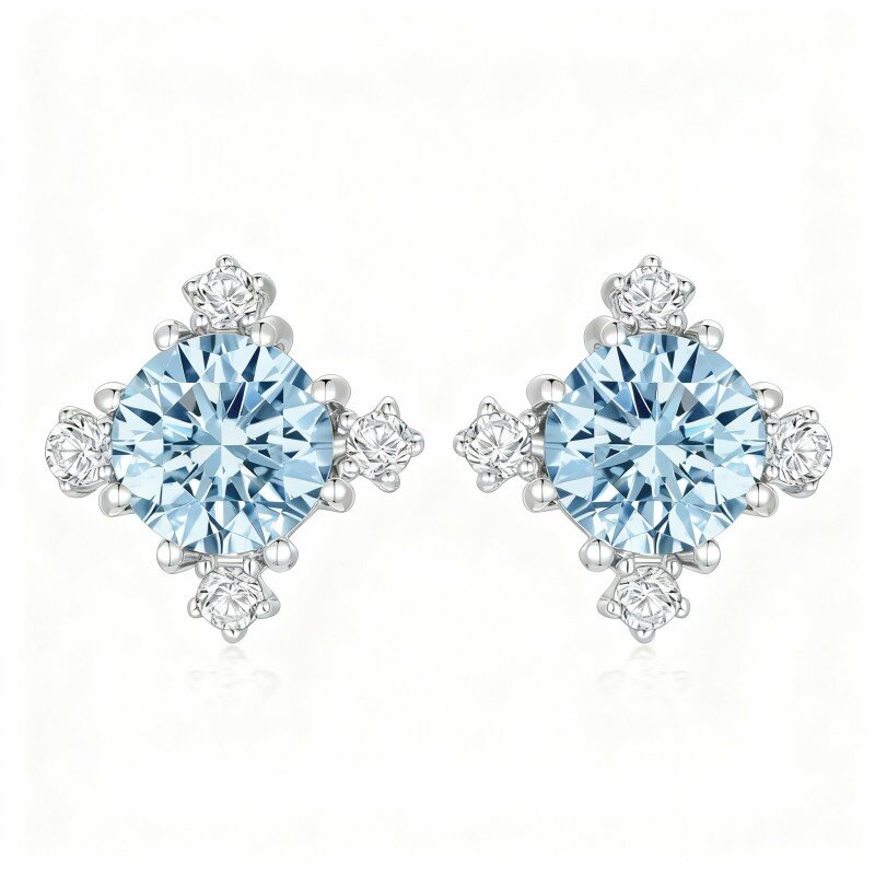 Brincos floco de neve em ouro branco de 10 quilates com zircónias cúbicas de corte redondo e topázios.-1