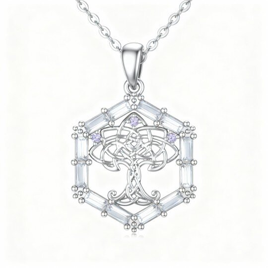 Colar com pendente Árvore da Vida e Nó Celta em ouro branco de 9 quilates com zircónias cúbicas de corte redondo