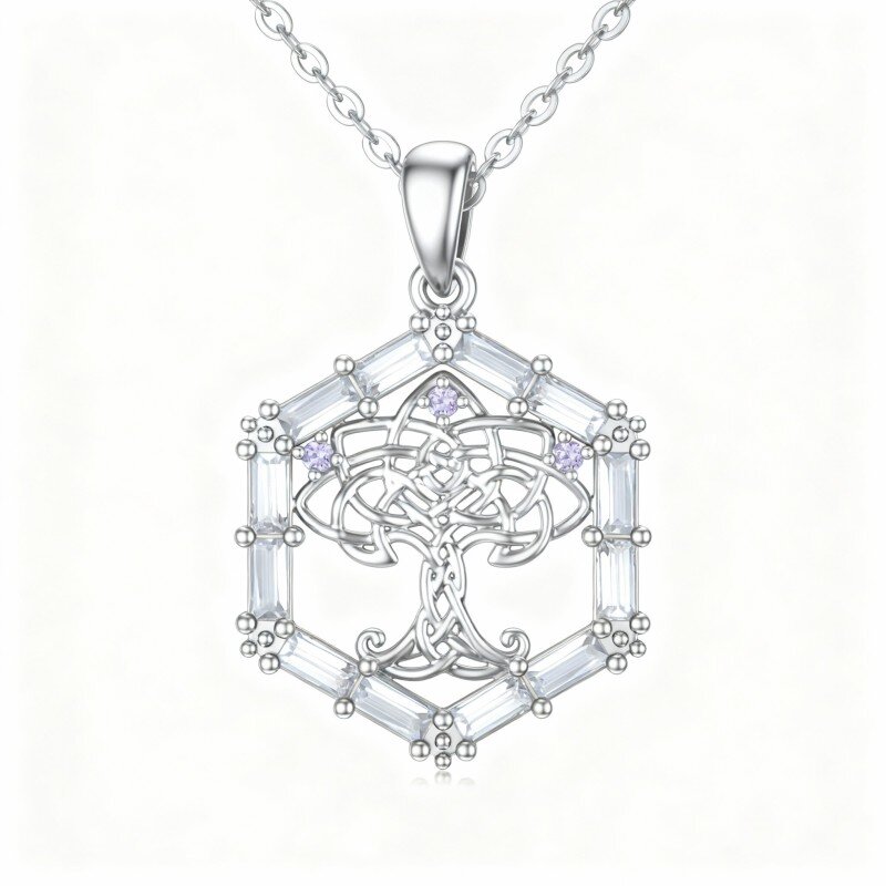 Colar com pendente Árvore da Vida e Nó Celta em ouro branco de 9 quilates com zircónias cúbicas de corte redondo-10