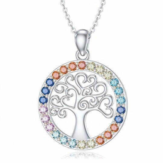 10K White Gold Round Cut Cubic Zirconia Tree Of Life & Chakras Pendant Necklace