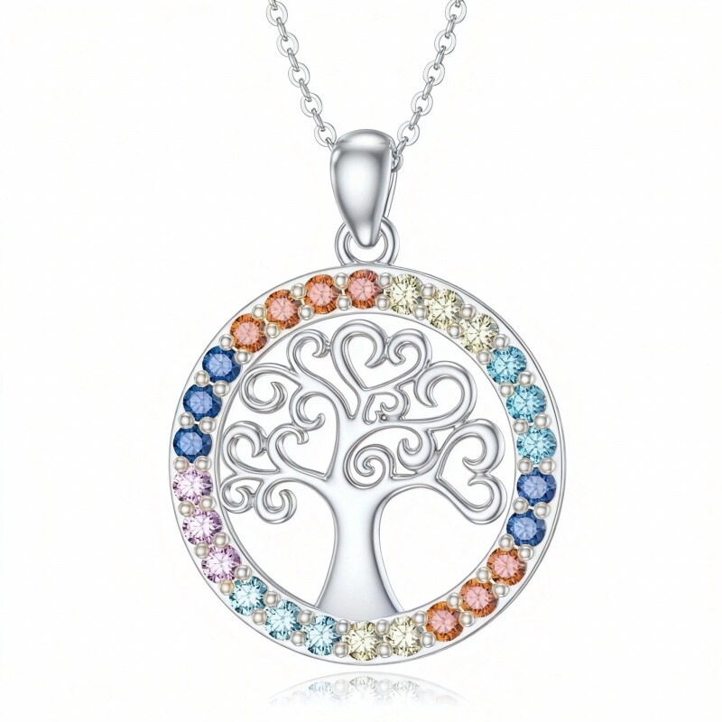 10K White Gold Round Cut Cubic Zirconia Tree Of Life & Chakras Pendant Necklace-1