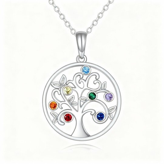 10K White Gold Round Cut Cubic Zirconia Tree Of Life & Chakras Pendant Necklace