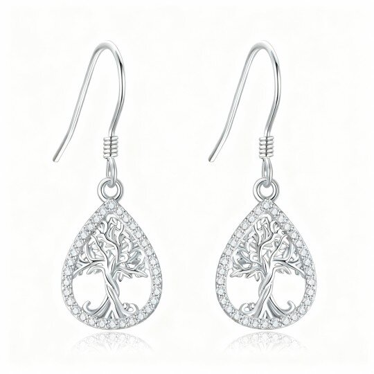10K White Gold Round Cut Cubic Zirconia Tree Of Life Drop Earrings