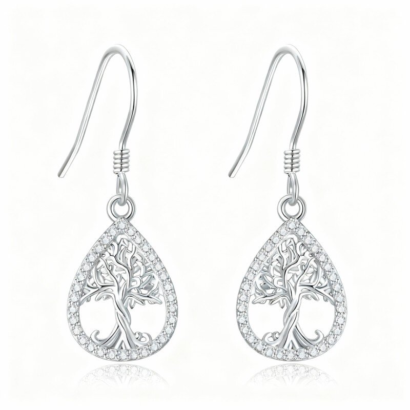 10K White Gold Round Cut Cubic Zirconia Tree Of Life Drop Earrings-13