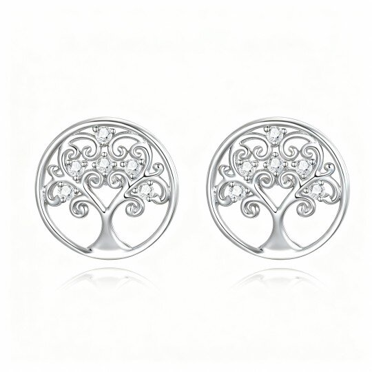 10K White Gold Round Cut Cubic Zirconia Tree Of Life Stud Earrings