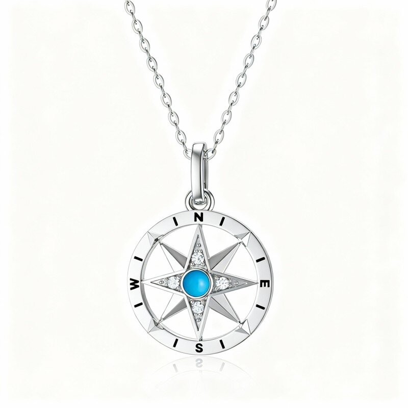 10K White Gold Round Cut Cubic Zirconia & Turquoise Compass Pendant Necklace-9