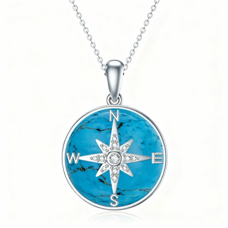 Naszyjnik z kompasem w kształcie okręgu z białego złota 10K z turkusem-7