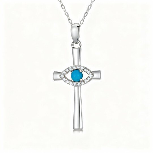 Colar com pendente de cruz e olho grego em ouro branco de 10 quilates com turquesa de corte redondo
