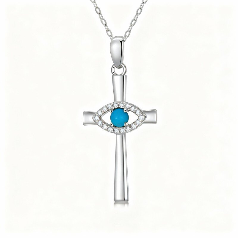 10K White Gold Round Cut Turquoise Cross & Evil Eye Pendant Necklace-17