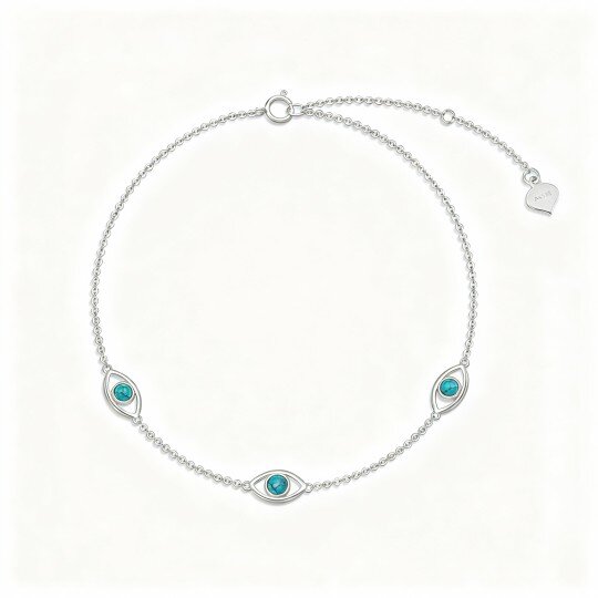 10K White Gold Round Cut Turquoise Evil Eye Charm Bracelet
