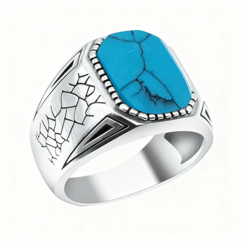 10K White Gold Round Cut Turquoise Personalized Engraving Ring for Men-1