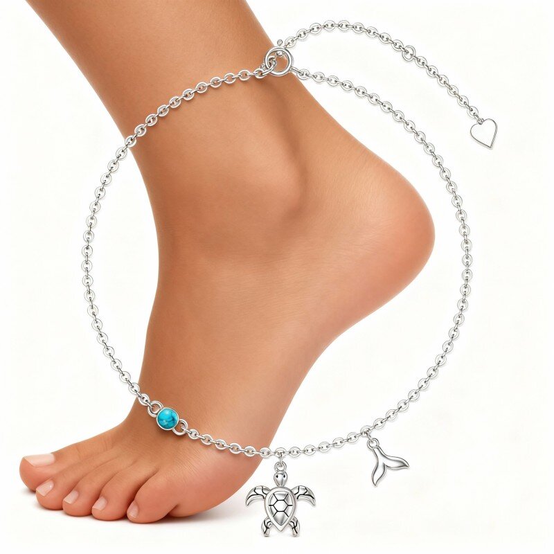 Tobillera de oro blanco de 10 quilates con dije de tortuga marina de turquesa de talla redonda y una sola capa-17