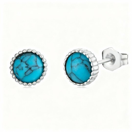 10K White Gold Round Cut Turquoise Round Stud Earrings