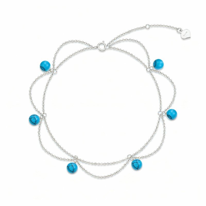 Bracelet de cheville à plusieurs rangs en or blanc 10 carats avec turquoise taille ronde et fleurs sauvages-11