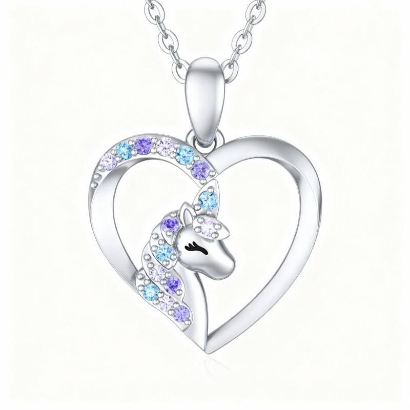 10K White Gold Round Cut Cubic Zirconia Unicorn Pendant Necklace-14