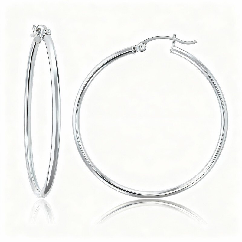 10K White Gold Round Hoop Earrings-14