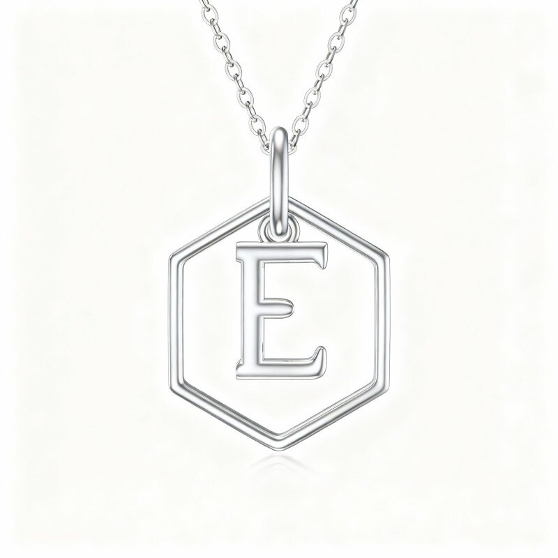 9K White Gold Round Pendant Necklace with Initial Letter E-1