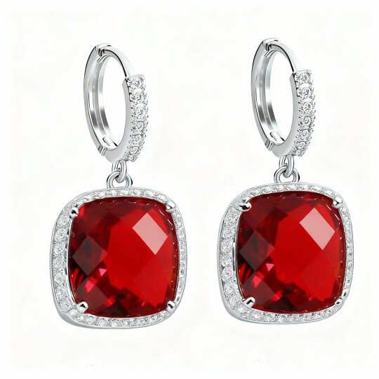 Brincos pendentes em ouro branco 10K com rubis representando casal, avó, mãe e irmãs.