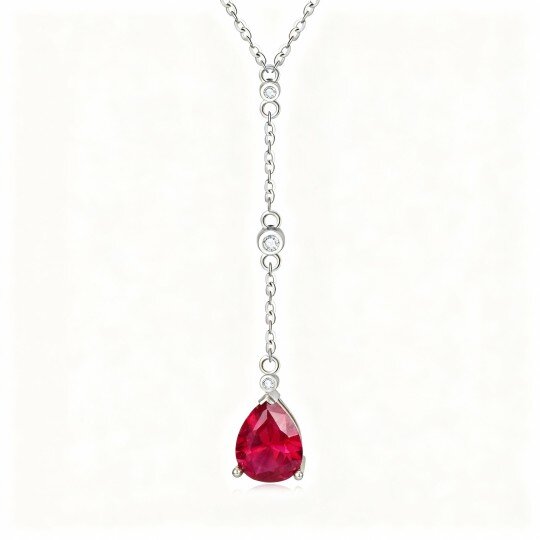 10K White Gold Cubic Zirconia & Ruby Drop Shape Non-adjustable Y-Necklace