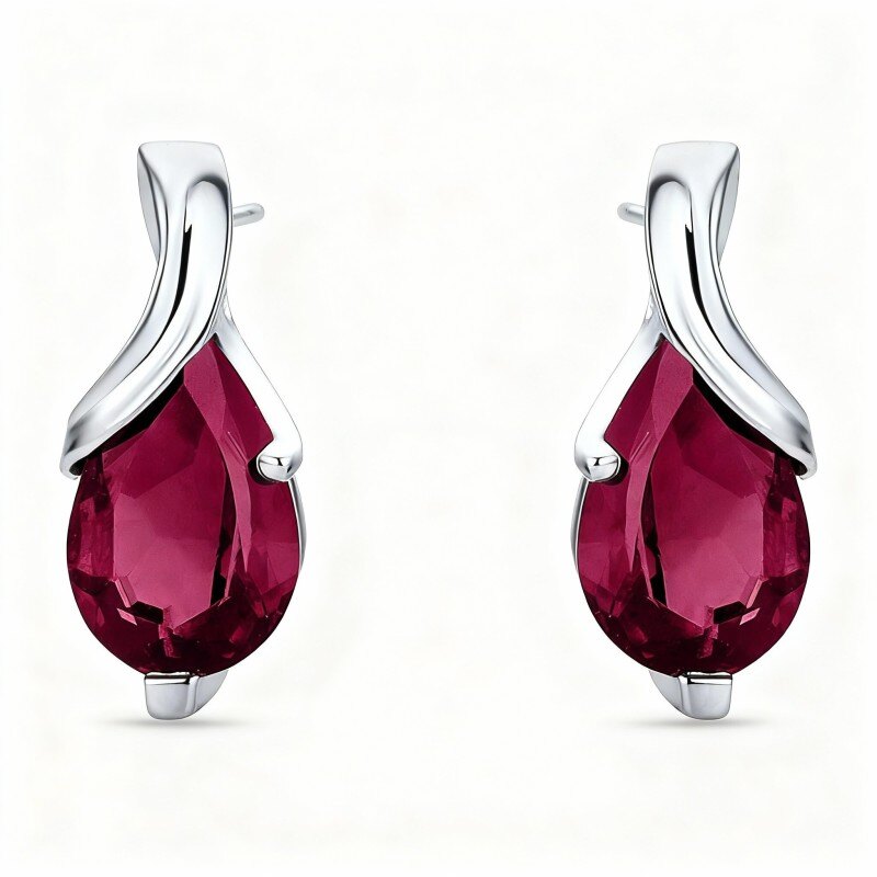 14K White Gold Ruby Grandmother & Mother & Drop Shape Stud Earrings-1