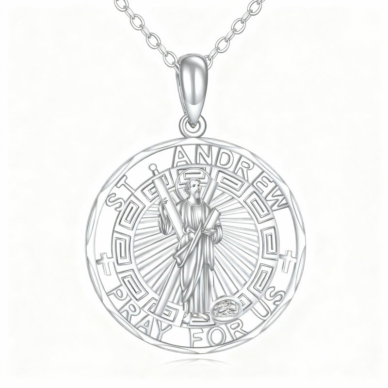 10K White Gold Saint Andrew Pendant Necklace with Engraved Word-1
