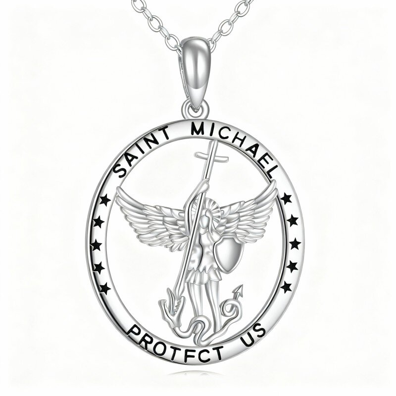 Colar com pendente de São Miguel em ouro branco 10K com palavra gravada.-10