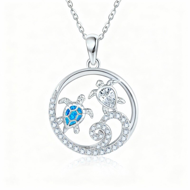 10K White Gold Cubic Zirconia Sea Turtle Pendant Necklace-8