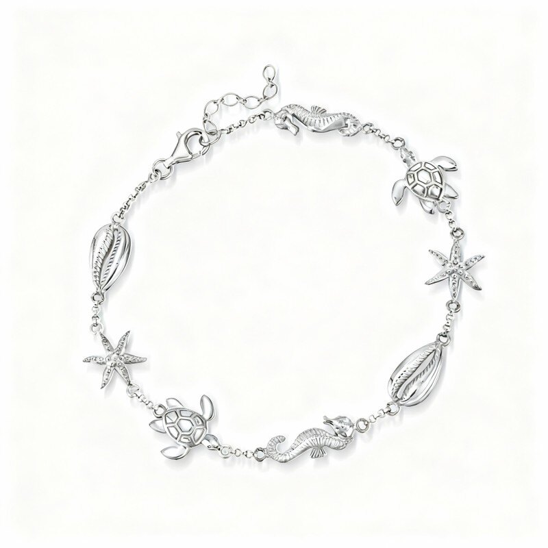Bracelet de cheville monocouche en or blanc 18 carats avec breloque tortue marine et hippocampe-1