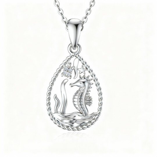 10K White Gold Cubic Zirconia Sea Turtle & Seahorse & Starfish Pendant Necklace