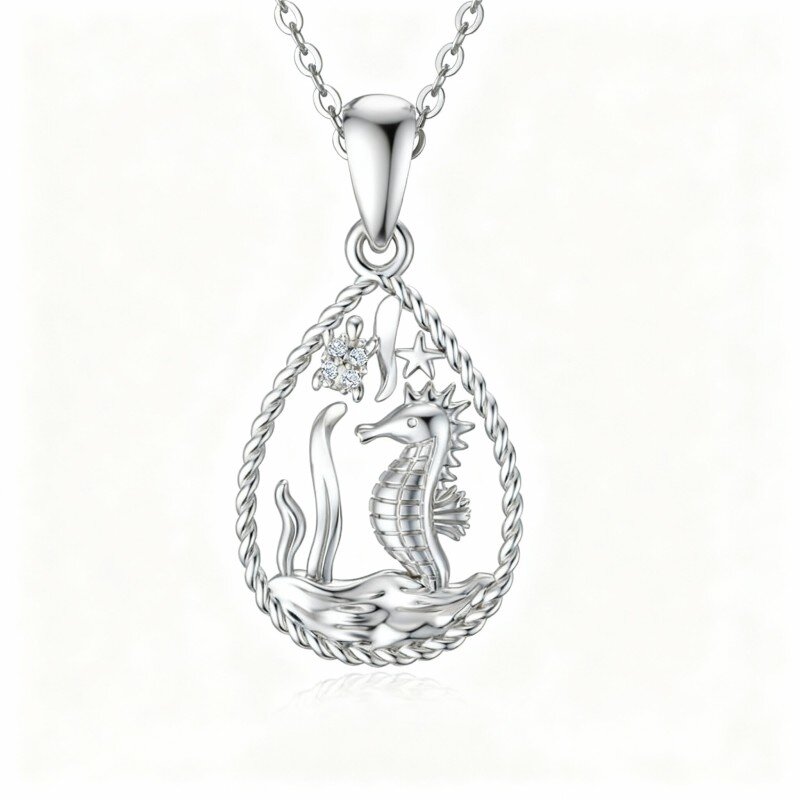 10K White Gold Cubic Zirconia Sea Turtle & Seahorse & Starfish Pendant Necklace-2