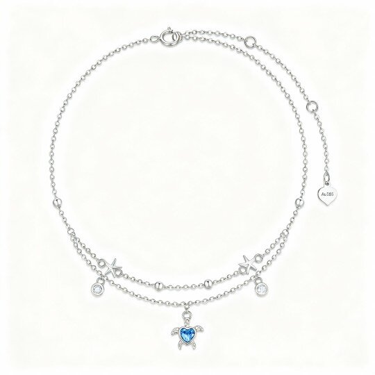 10K White Gold Cubic Zirconia Sea Turtle & Starfish Multi-layered Charm Anklet
