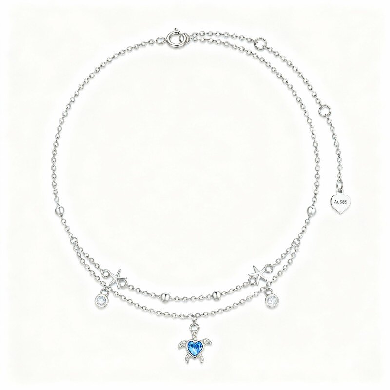 10K White Gold Cubic Zirconia Sea Turtle & Starfish Multi-layered Charm Anklet-1