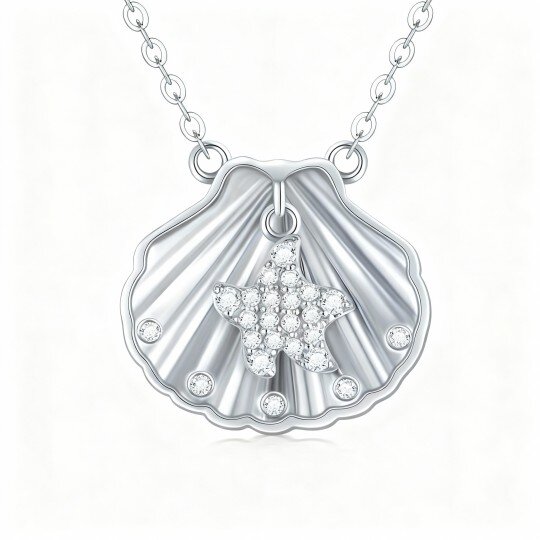 10K White Gold Cubic Zirconia Shell Pendant Necklace