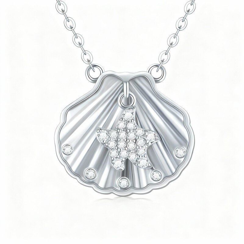 10K White Gold Cubic Zirconia Shell Pendant Necklace-10