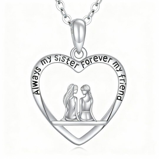 10K White Gold Sisters & Heart Pendant Necklace with Engraved Word